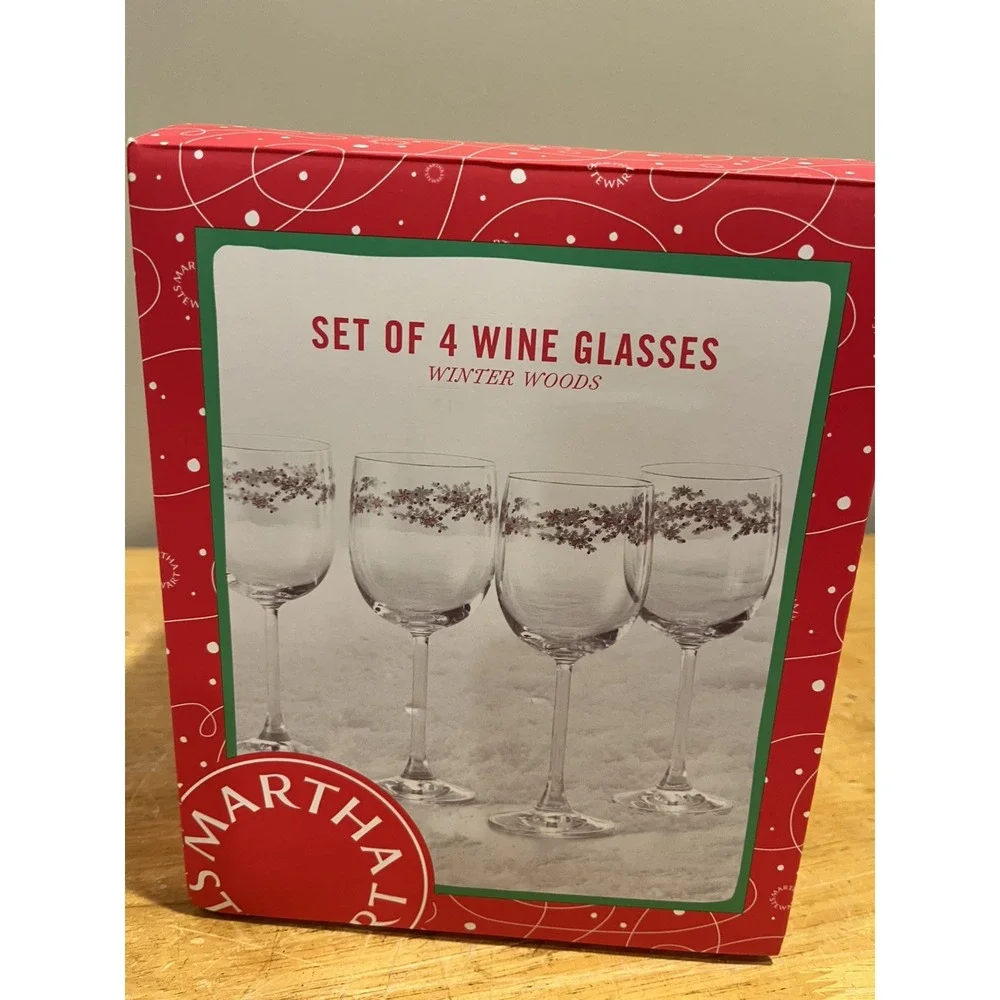 4 Martha Stewart Holiday Winter Woods Berries Wine Glasses Noel Joy Peace Cheers